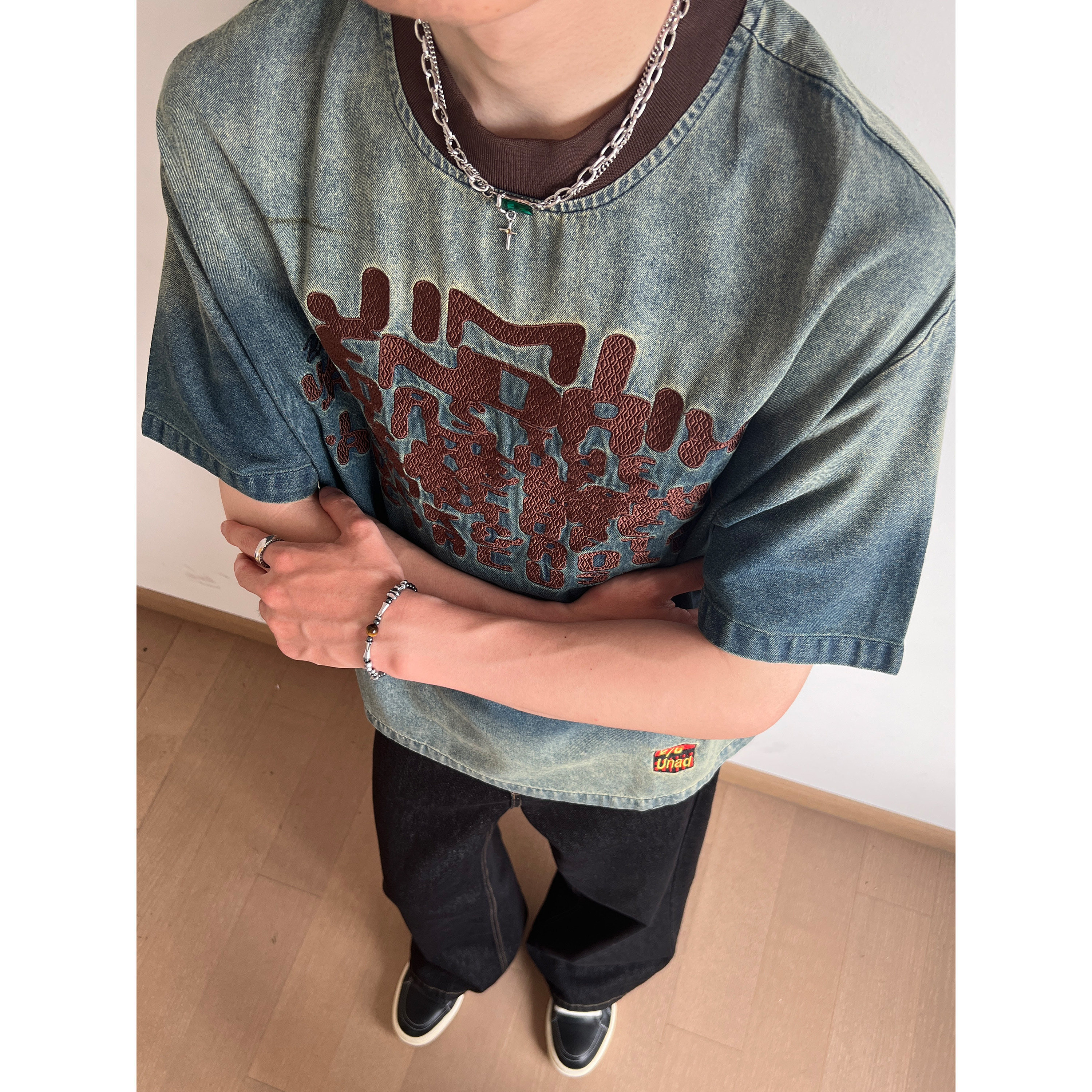 UNLG美式复古字母刺绣牛仔短袖t恤男夏季宽松设计感重磅圆领上衣