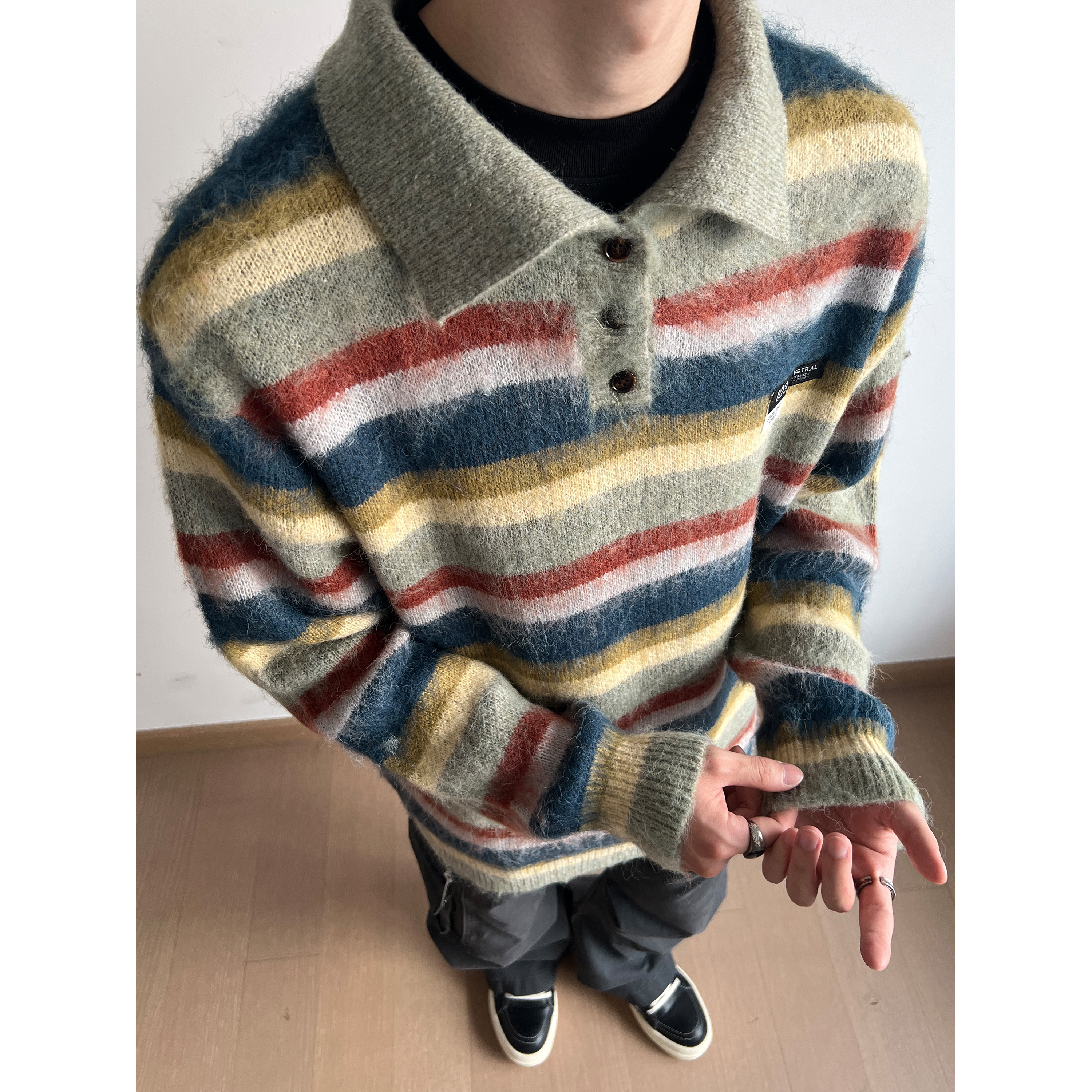 美式复古polo领条纹毛衣男秋冬