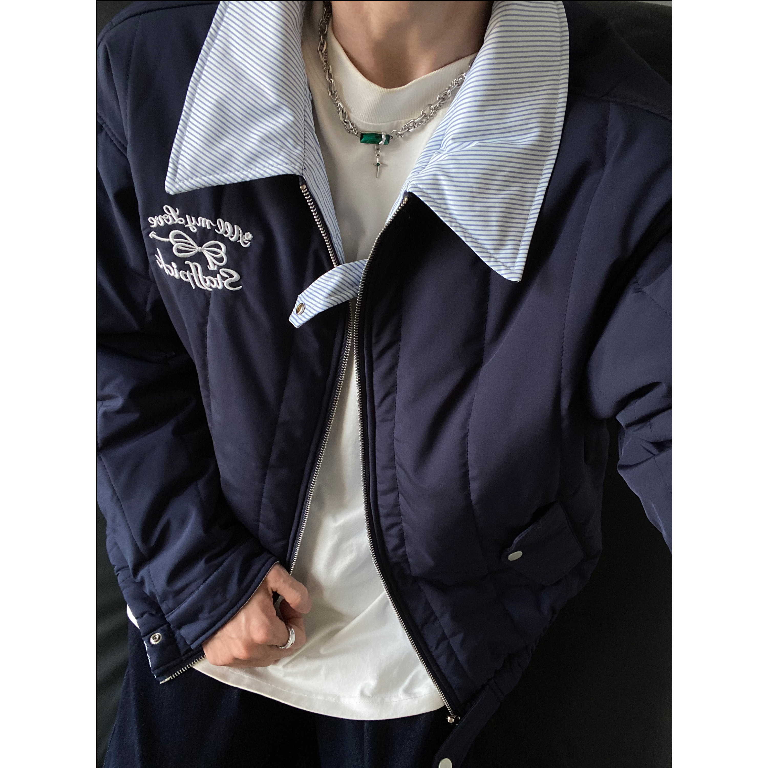 UNLG美式竖纹翻领双面穿棉服冬季