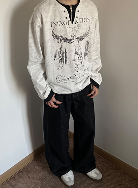 UNLG美式复古vintage假两件v领长袖t恤男春半拉链宽松亨利领卫衣