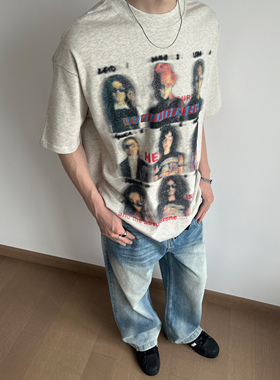 UNLG古着vintage模糊人像重磅纯棉短袖t恤男夏季宽松cleanfit上衣