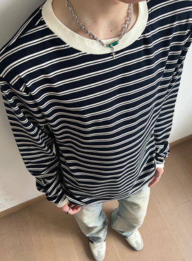 UNLG美式复古绑带插肩袖假两件长袖t恤男春秋宽松设计感条纹上衣