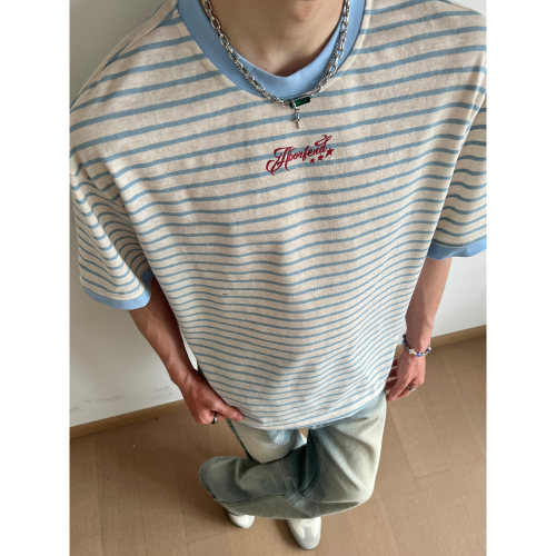 美式复古条纹宽松短袖T恤男夏季