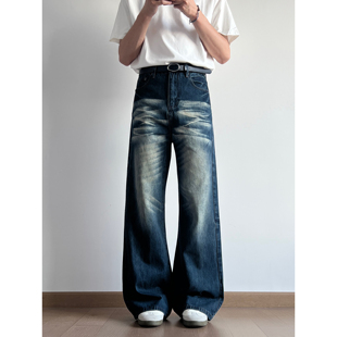 子潮 宽松显瘦百搭直筒休闲裤 UNLG美式 复古水洗做旧猫须微喇牛仔裤