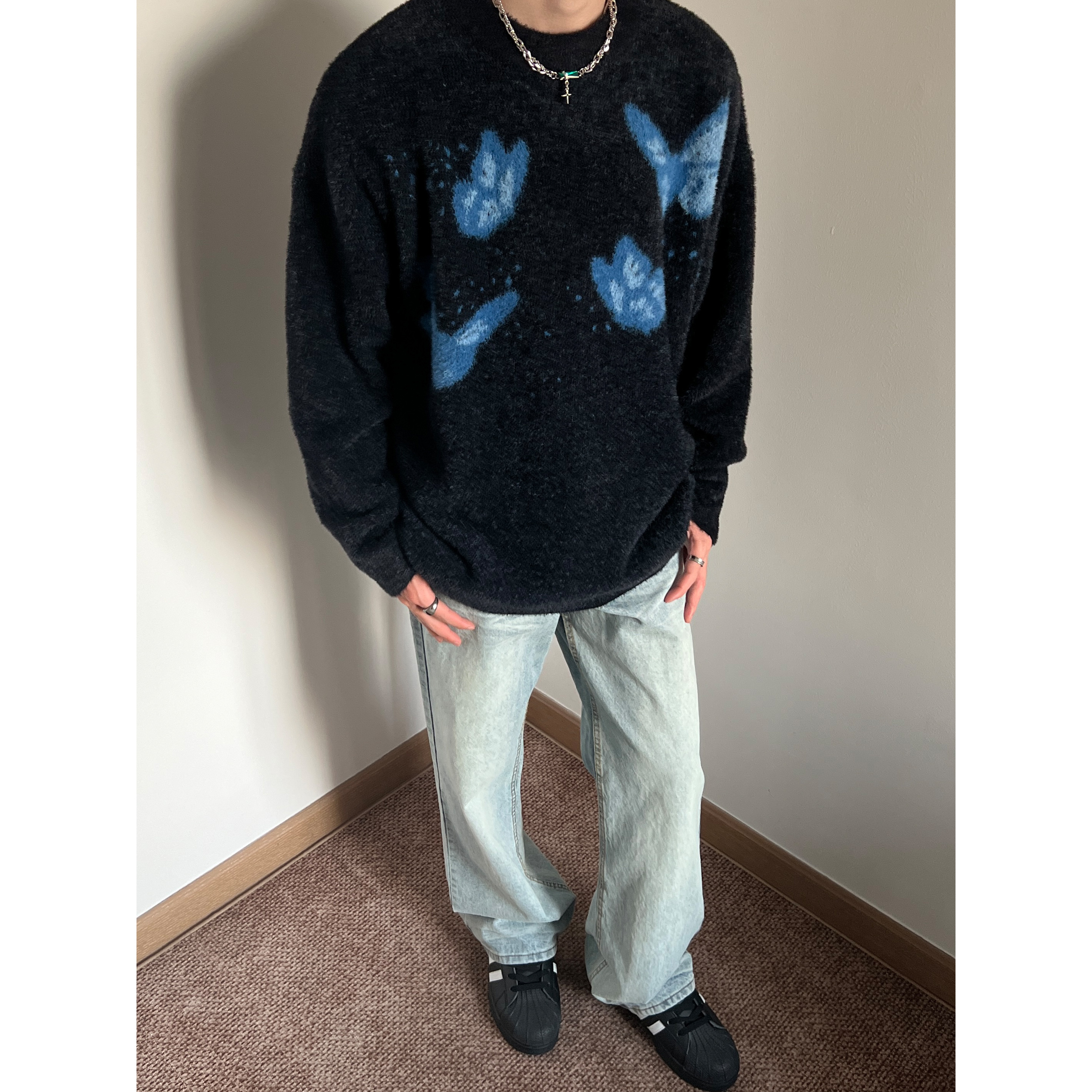 UNLG美式仿貂绒蓝蝴蝶提花圆领冬