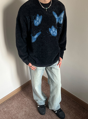 UNLG美式仿貂绒蓝蝴蝶提花圆领毛衣男秋冬季慵懒风休闲宽松针织衫