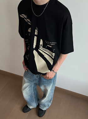 UNLG艺术剪影印花cleanfit短袖t恤男夏季设计感高级氛围感上衣潮