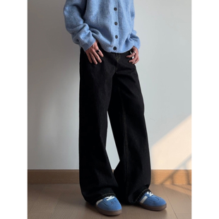 UNLG美式复古黑色直筒牛仔裤宽松阔腿垂感休闲简约高级丹宁原牛裤