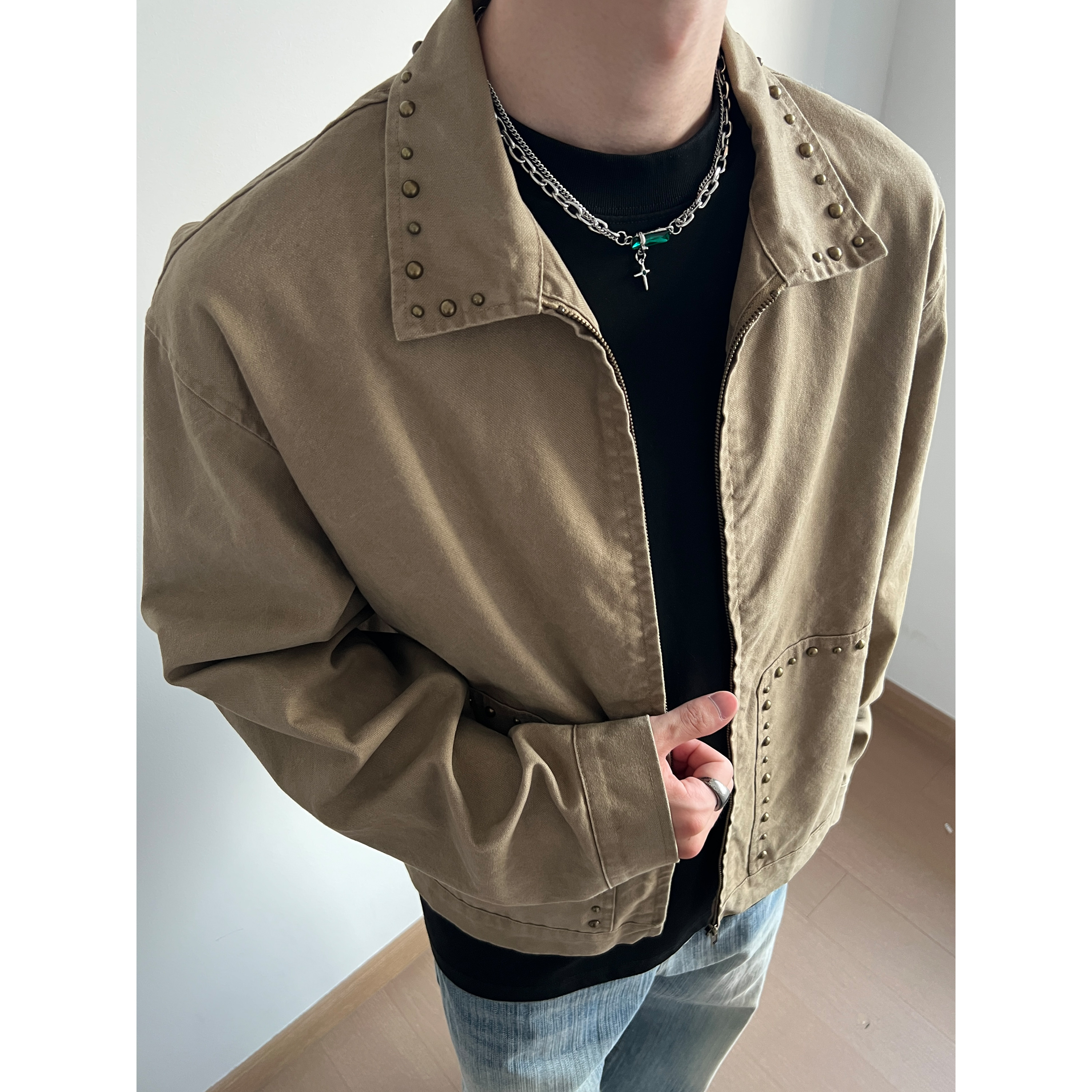 美式复古水洗高级铆钉外套男