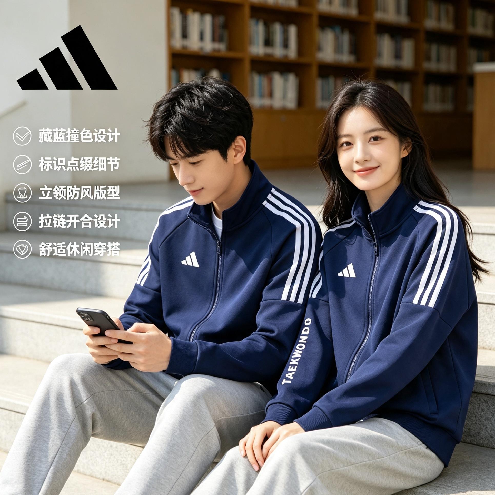 Adidas阿迪达斯男士外套蓝色秋季舒适卫衣三条杠夹克运动防风衣服