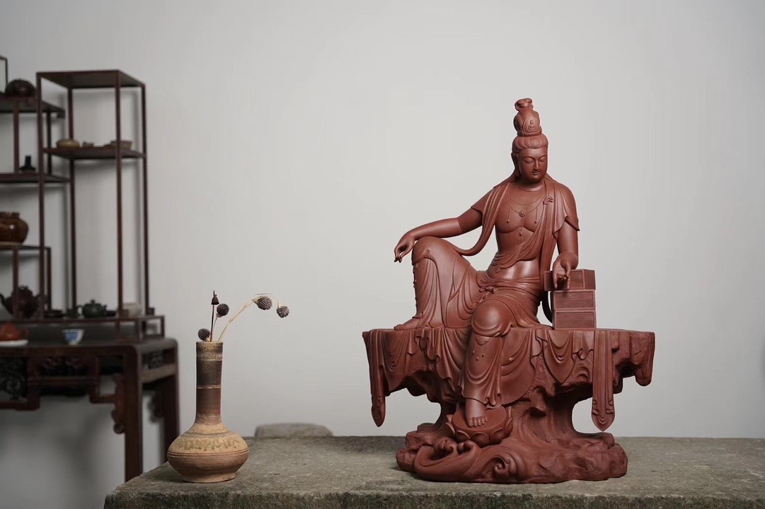 经书观音荀少华宜兴紫砂大型佛像雕塑茶宠摆件寺庙供奉居家装饰