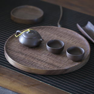 北美黑胡桃原木干泡台家用日式 手工圆形整块茶具茶盘小型实木托盘
