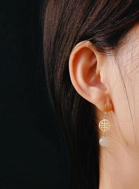 和田玉女气质网红diy镶嵌珍珠中国风耳吊托简约耳坠耳钩回环礼物