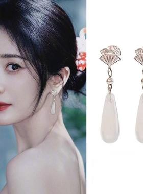 春风慢新中式冰种白玉髓爆款女纯银天然玛瑙礼物清冷水滴耳钉耳饰