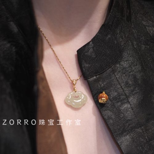 ZORRO原创 天然和田玉如意S925银吊坠项链平安锁新中式翡翠珠宝