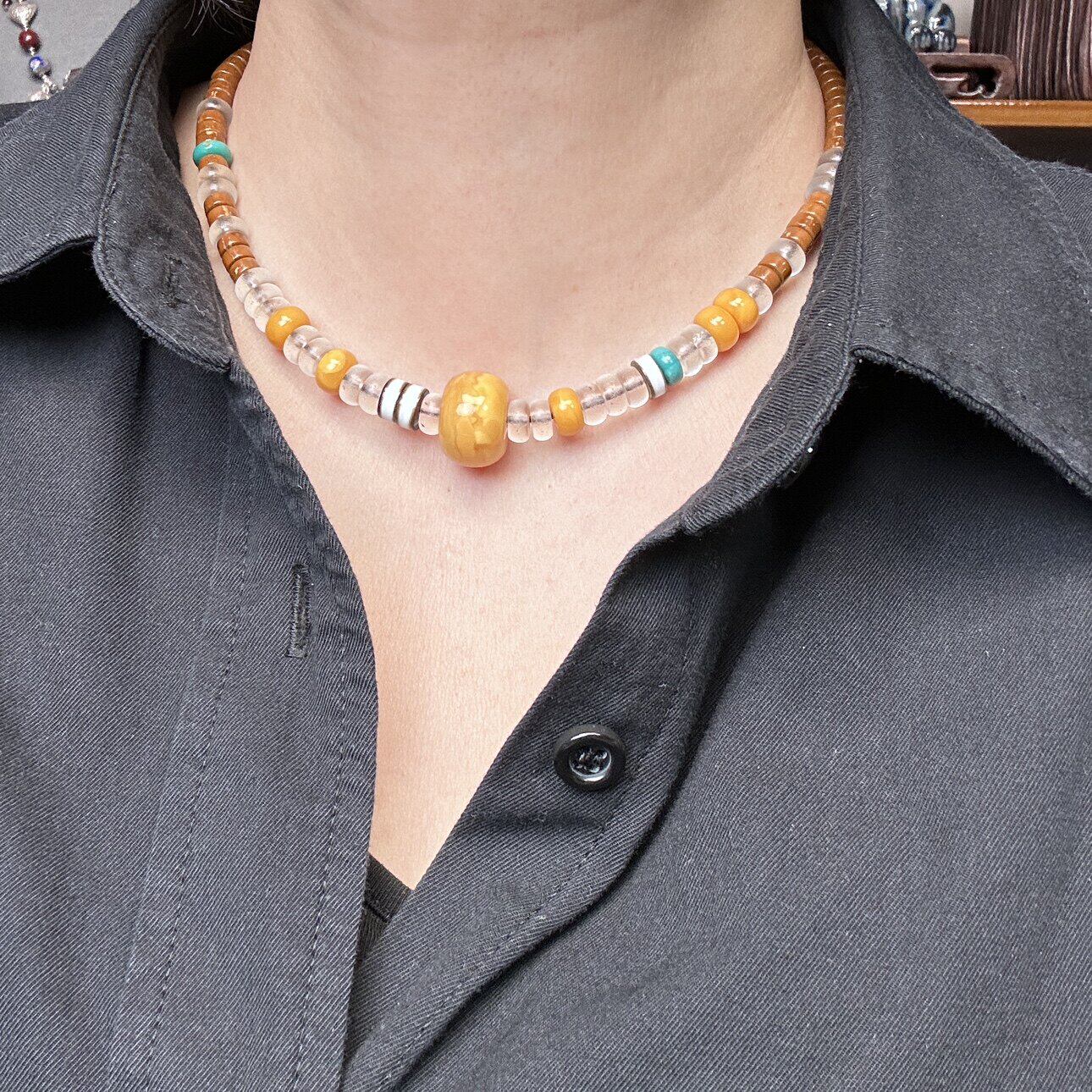 俄料天然琥珀黄蜜蜡配紫金鼠白水晶绿松多宝锁骨项链原创颈首饰品