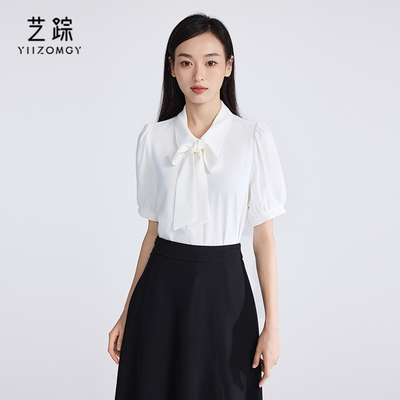 艺踪白色短袖衬衫女雪纺职业正装套装教资面试穿搭通勤蝴蝶结衬衣