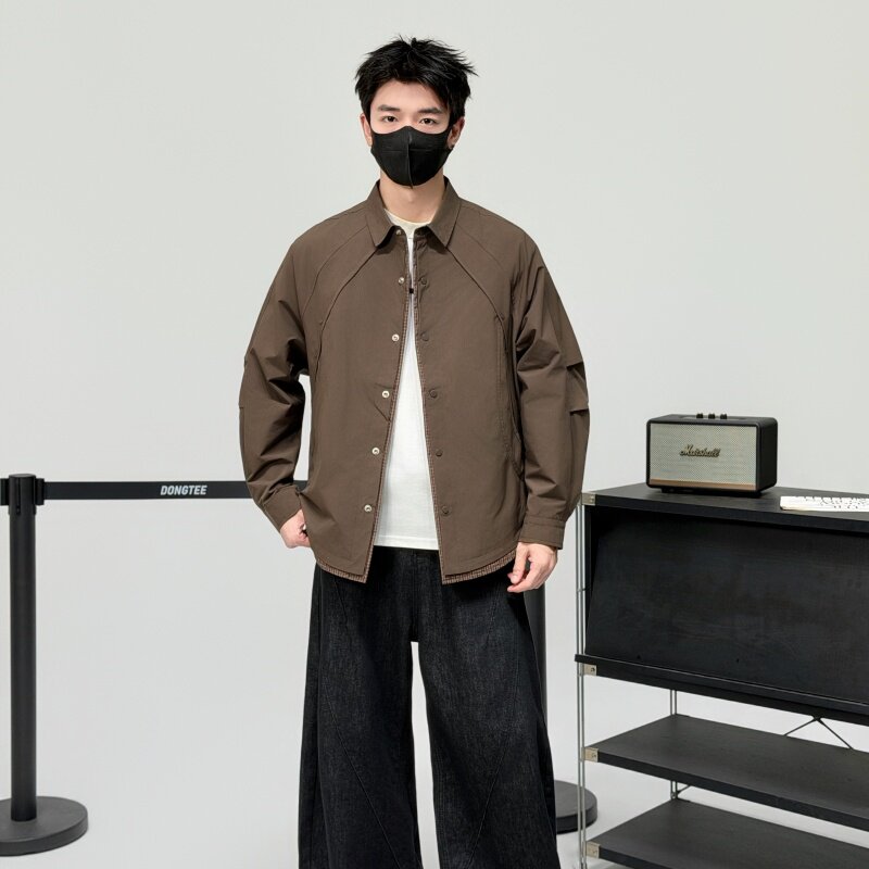 2026春秋新款男士翻领夹克外套拼接休闲潮流衬衣青年夹克日系上衣