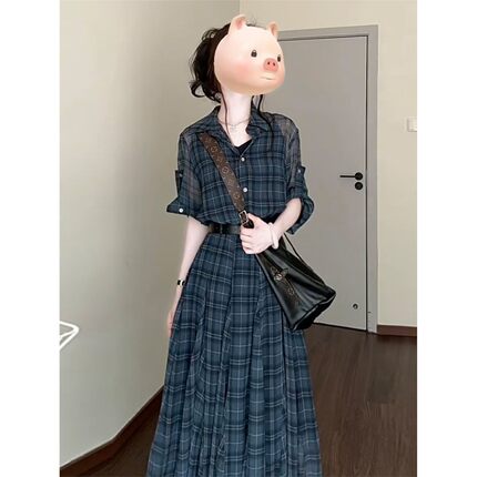 格纹衬衫连衣裙女2026春夏季新款法式长裙子巨好看的气质显瘦收腰