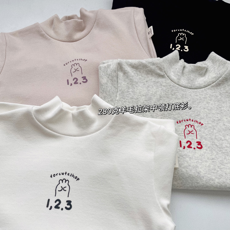 儿童羊毛拉架中领打底衫秋款童字母印花上衣弹力磨毛半领内搭秋衣