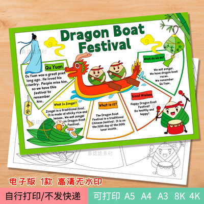 227端午节英语手抄报Dragon Boat Festival节日介绍绘画小报模板