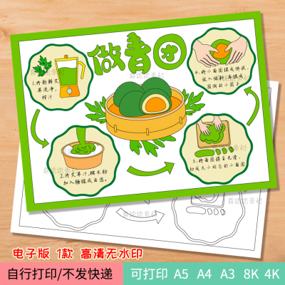 148-做青团手抄报电子线稿模板 青团绘画小报 传统美食制作方法图
