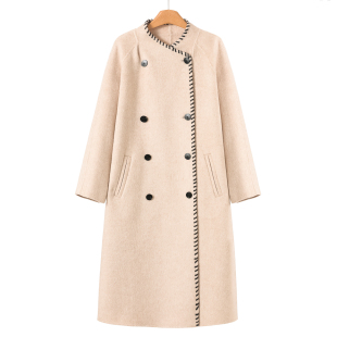 皮质绑绳绵羊毛双面呢长毛大衣132 冬装 10%羊驼毛 南油