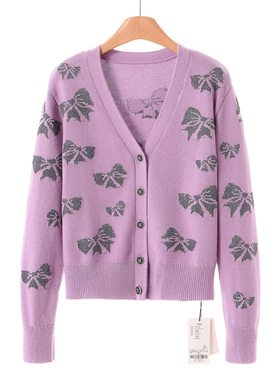 659 50%羊毛【妍B】冬装 亮片蝴蝶结提花V领针织外套192