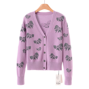 冬装 妍B 亮片蝴蝶结提花V领针织外套192 50%羊毛 659