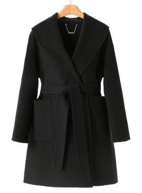 10%山羊绒【亿】冬装*绍 开衫无扣绵羊毛系腰带长毛双面呢大衣681