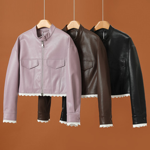 绍 26春装 花边拼接小立领软面PU短外套601 帛 559西湖阁老