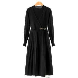 冬装 序 假两件拼接百褶针织连衣裙210 绵羊毛 899含桑蚕丝