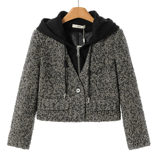 冬装 熠 拼接连帽假两件羊毛人字纹外套501 5%羊驼毛 1299