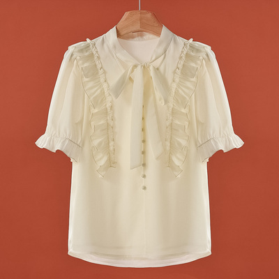 499西湖阁老【HO】夏装 V领荷叶边飘带款纯色套头小衫149弜