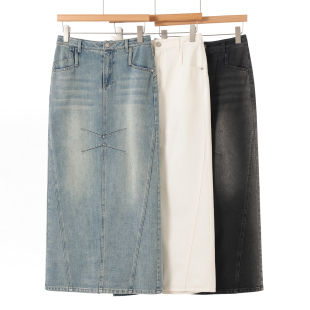 直筒高开衩过膝牛仔一步半身裙636 春装 699西湖阁老 栖