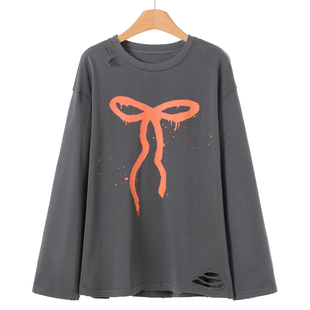 乞丐破洞印胶蝴蝶结宽松T恤731 春装 499西湖阁老 栖