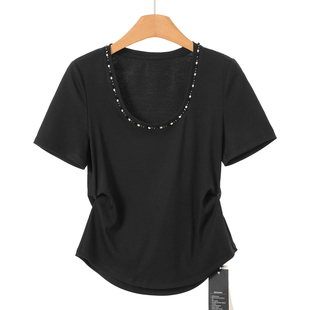 绍 399 春装 重工钉钻U领弧摆含棉针织T恤328 39%粘纤