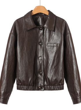 479 50%粘纤【薇】春装 *绍 气质翻领单排扣纯色PU皮质外套293