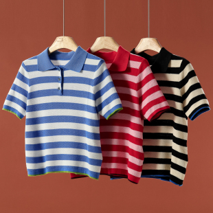 翻领套头条纹直筒毛山羊绒针织衫 398 春装 逸 012 40%粘纤