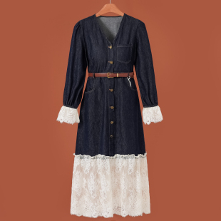 镂空蕾丝拼接喇叭袖 春装 V领牛仔连衣裙367 芙 899西湖阁老