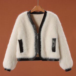 拉链PU皮质仿水貂毛短款 西湖阁老 冬装 当季 环保皮草外套593 申
