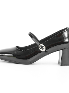 西湖阁老【黛】春款 方头粗跟一字扣带漆皮浅口高跟单鞋536