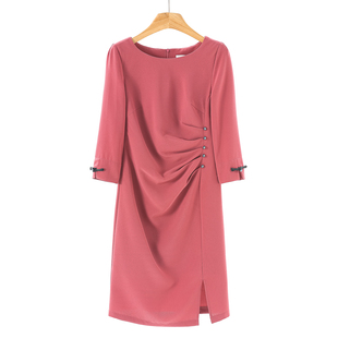 圆领套头七分袖 春季 纯色褶皱收腰连衣裙057 熠 699西湖阁老