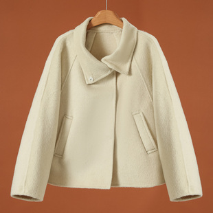 蝙蝠袖 冬装 暗扣翻领短双面呢长毛大衣323 南油 5%羊驼