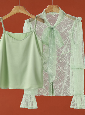 799 65%锦纶【栖】春季 辣妹镂空喇叭袖两件套蕾丝衬衫014