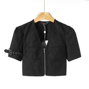 带V领显高腰拉链短衬衫 998西湖阁老 121弜 单边袖 原创 诺 夏装