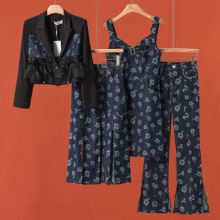 套装 西湖阁老 提花吊带连衣裙网纱拼接西装 春季 组合066琳 栖