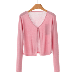V领珍珠扣开衫 499 春装 针织薄外套620 87%粘纤
