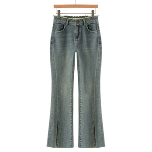 毛边高腰显瘦开叉牛仔喇叭裤 春装 913 栖 579西湖阁老