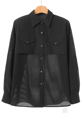 990西湖阁老【AL】春装*绍 暗条纹拼接假两件带垫肩衬衫765
